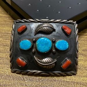 Vintage Native American Signed A.S. Sterling Silver Turquoise Coral Belt Buckle